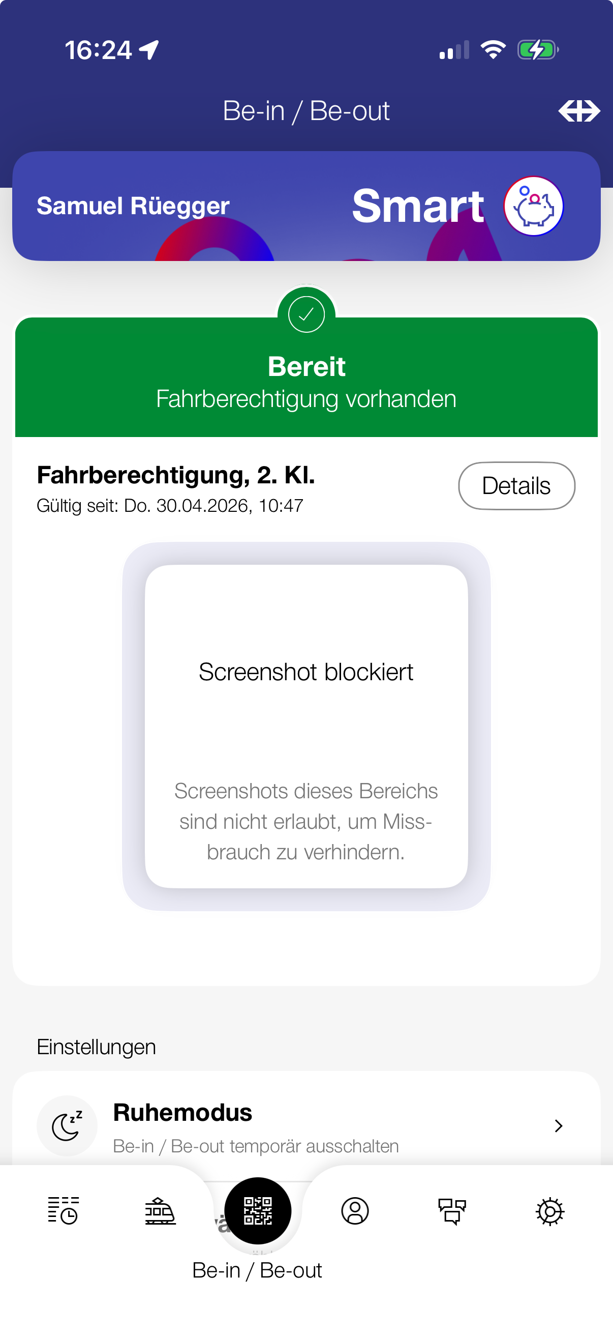 Bildschimrfoto der SBB Preview App mit dem offenen Bibo Tab