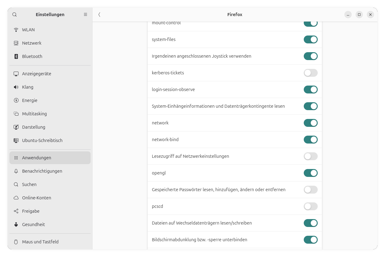 Bildschirmfoto der Gnome Systemeinstellungen