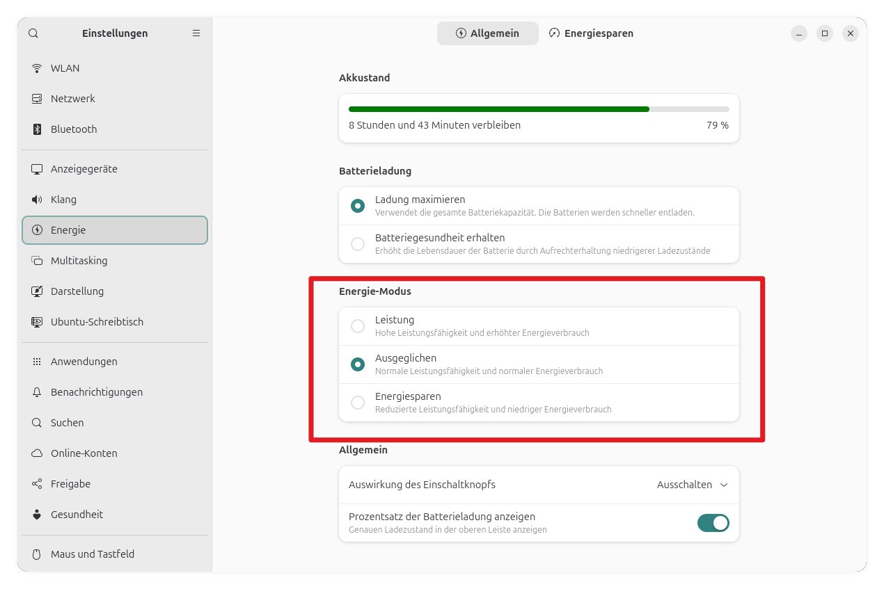 Bildschirmfoto der Systemeinstellungen des Gnome Desktop mit den Energieeinstellungen