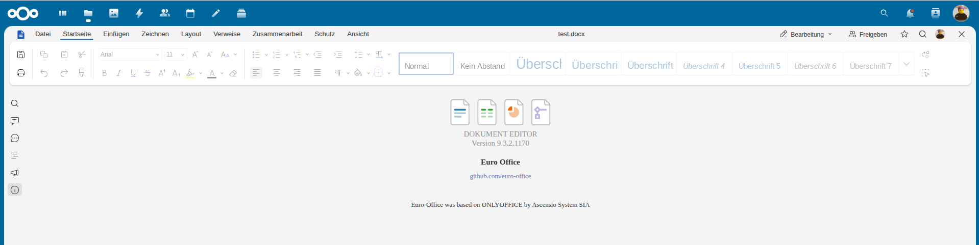 Bildschirmfoto von Euro-Office About Seite auf der NextCloud