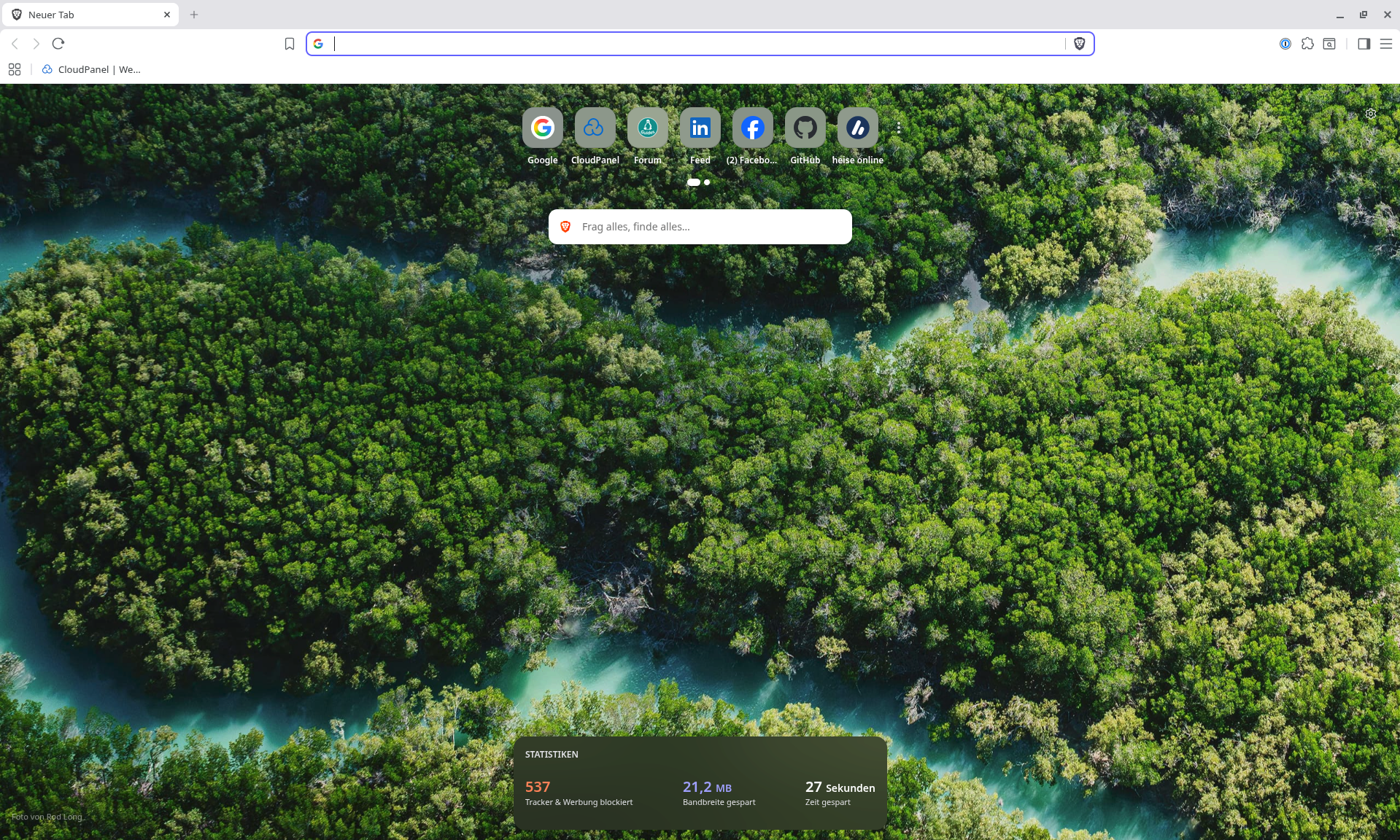 Bildschirmfoto der "Neuen Tab" Seite bei Brave Origin