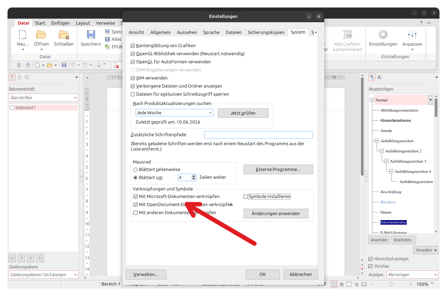Bildschirmfoto der SoftMaker Einstellungen für Standard Dateitypen