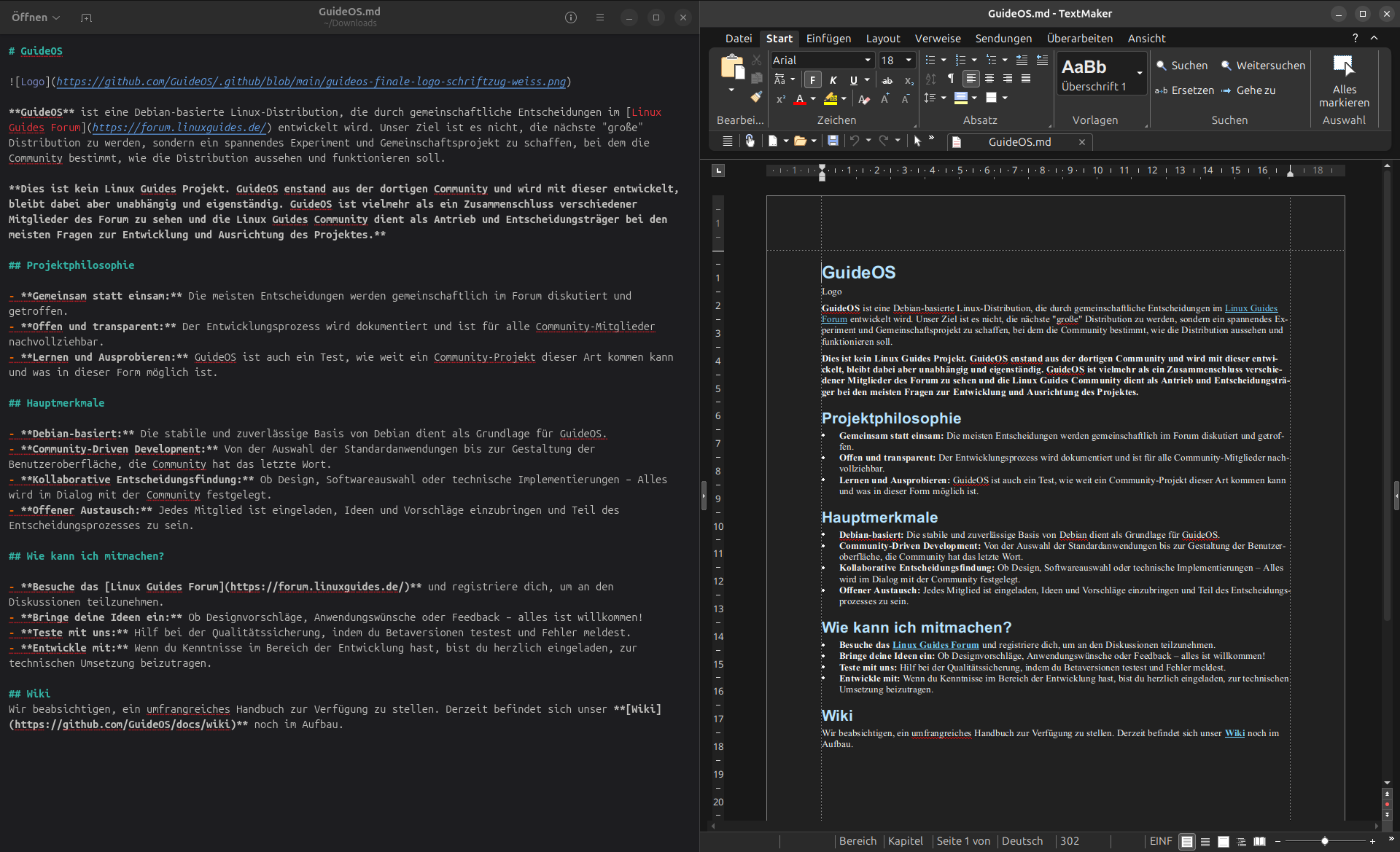 Bildschirmfoto. Links eine MarkDown Datei im normalen Editor, rechts die selbe Datei formatiert in TextMaker