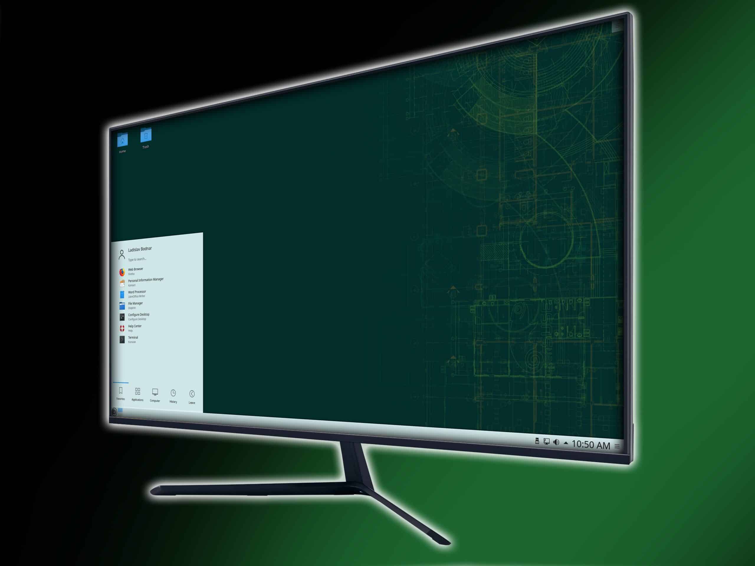 Der KDE Desktop mit geöffnetem Startmenü auf einem Monitor.