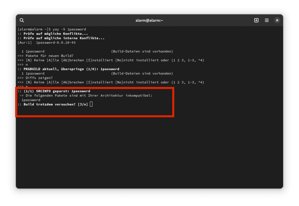 Bildschirmfoto vom Gnome Terminal mit yay, das keine ARM64 Builds findet.