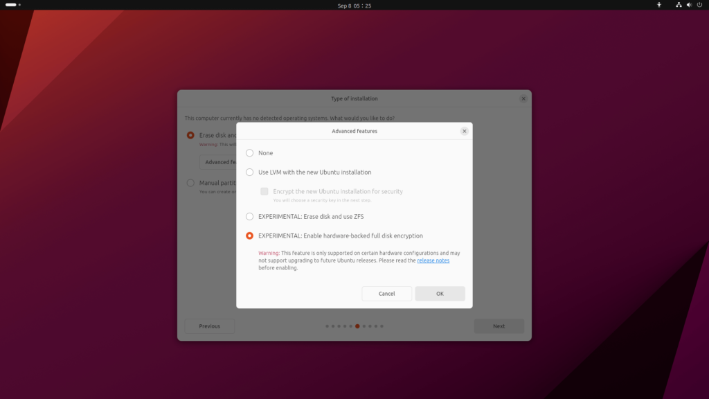 Installationsprogramm von Ubuntu 23.10 mit der Option der TPM Verschlüsselung.