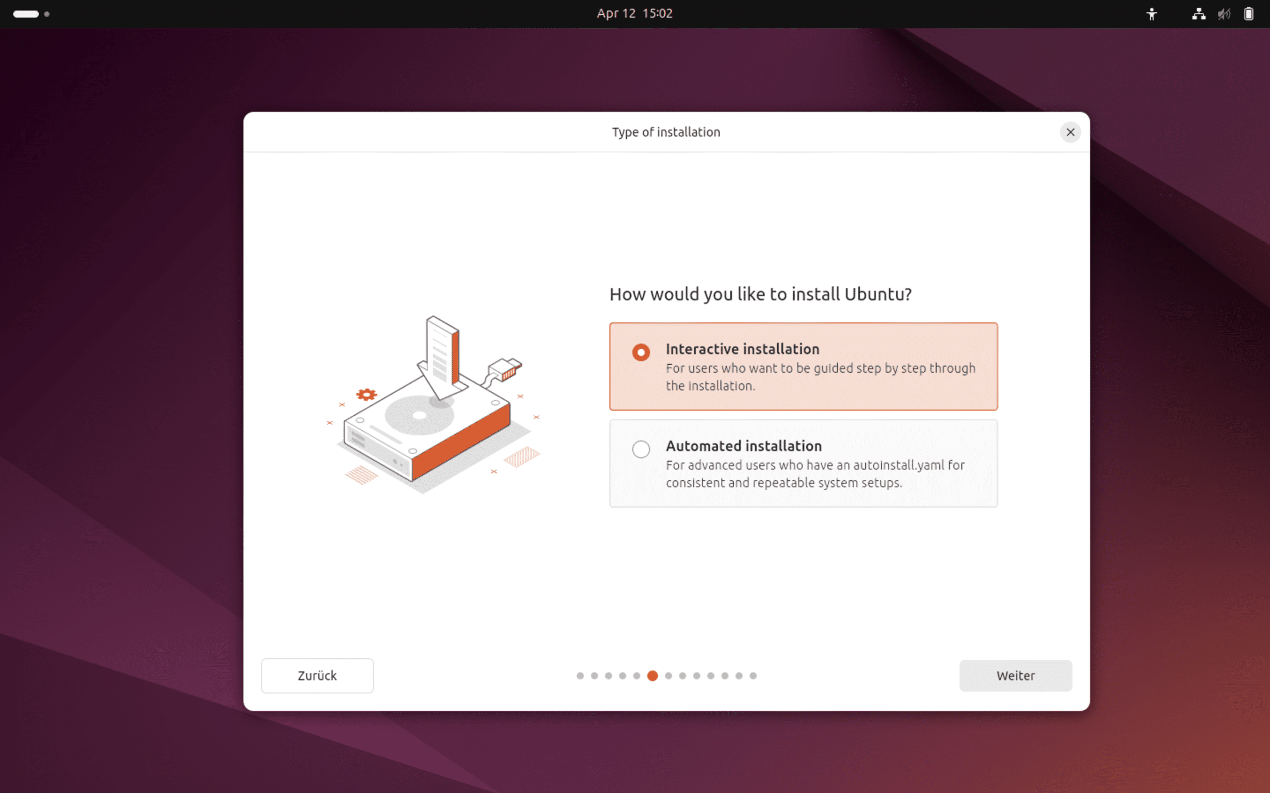 Ubuntu 24.04 Installer zeigt eine Wahl zwischen automatischer und interaktiver Installation an.